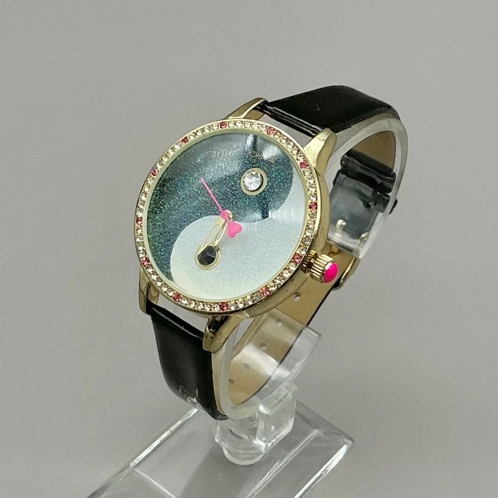 Betsey Johnson Watch Yin Yang Glitter Crystal Black Gold 40mm NEW BATTERY